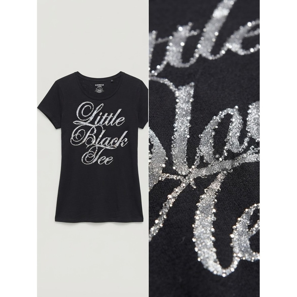 Little Black Tee Rhinestone Graphic Scoop Neck T-Shirt Black Small casual grunge